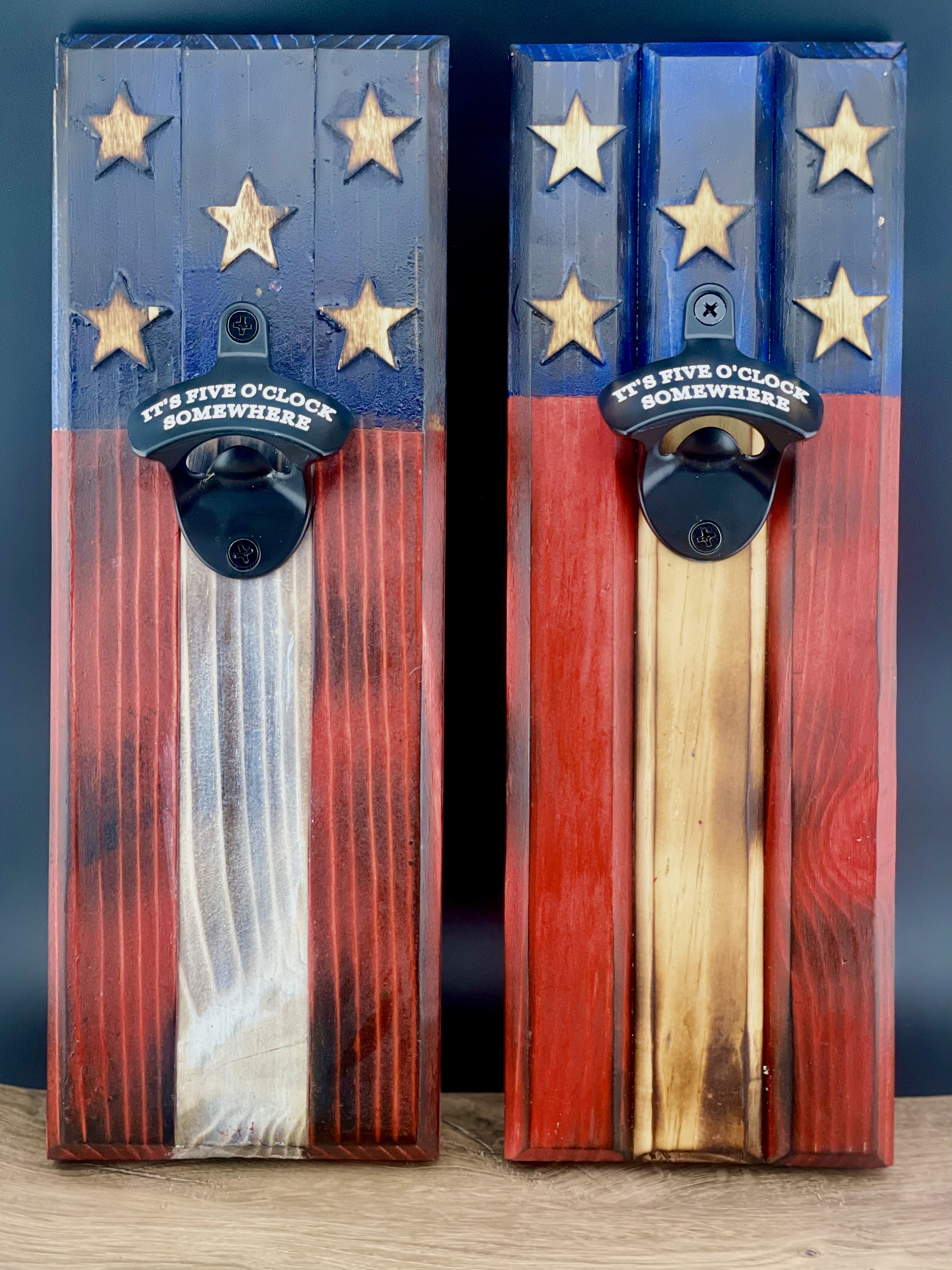 USA Flag wall-mounted bottle openers, hand-stained wood with laser-cut stars and a magnetic cap catcher